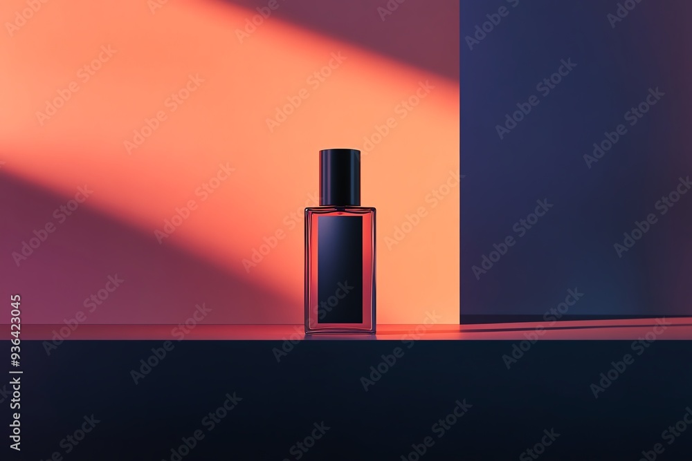 Elegant perfume bottle with modern design, set against a vibrant backdrop of contrasting colors and soft shadows. Elegant perfume bottle with modern design, set against a vibrant backdrop of contrasting colors and soft shadows.