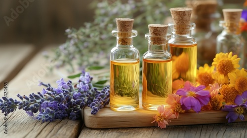 Scented oils in glass corked vials and close up natural flowers for spa hotel and relax showcase display background