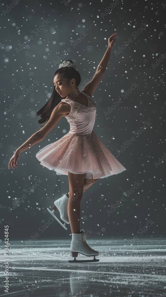 A talented figure skater elegantly spins on ice, her pink dress fluttering around her as snowflakes dance in the air, creating a whimsical, enchanting atmosphere A talented figure skater elegantly spins on ice, her pink dress fluttering around her as snowflakes dance in the air, creating a whimsical, enchanting atmosphere