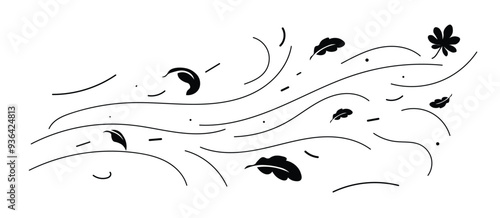 Doodle air wind and flying autumn leaves in hurricane blow or windy storm, line vector. Cartoon autumn wind with oak and maple leaf of fall season in blowing.vector eps10