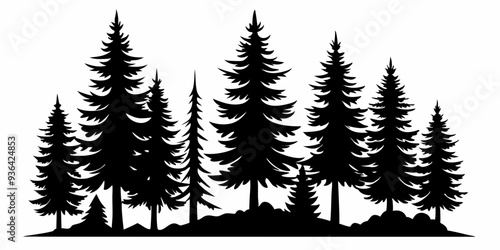 Fir trees silhouettes. Coniferous spruce horizontal background patterns, black evergreen woods vector illustration. Beautiful hand drawn panorama with treetops forest