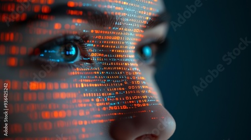 Close-up of a woman's face with digital data reflections, symbolizing AI-driven cybersecurity analysis, Generative AI