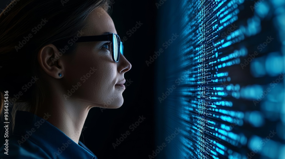 Side profile of a female IT specialist immersed in blue-hued data streams, with AI-infused visual effects, Generative AI Side profile of a female IT specialist immersed in blue-hued data streams, with AI-infused visual effects, Generative AI