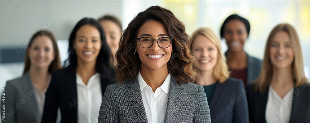 Smiling, diverse group of women in business attire, captured in a lively, painted style, celebrating equality and workplace diversity, Generative AI Smiling, diverse group of women in business attire, captured in a lively, painted style, celebrating equality and workplace diversity, Generative AI