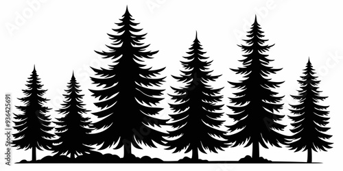 Fir trees silhouettes. Coniferous spruce horizontal background patterns, black evergreen woods vector illustration. Beautiful hand drawn panorama with treetops forest