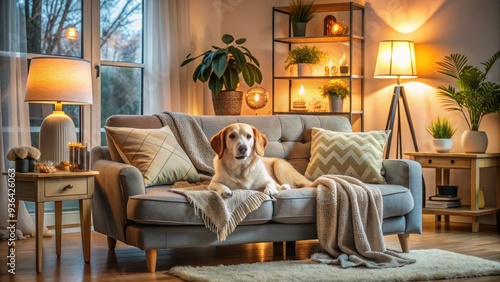 Cozy living room with a comfortable couch, warm lamp, and a happy dog snuggled up on a plush blanket, surrounded by calm decor. photo