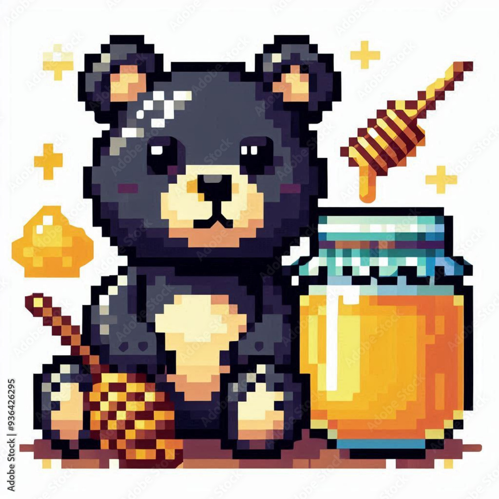 Obraz premium pixel art bear with honey jar and honeycomb isolated on white background