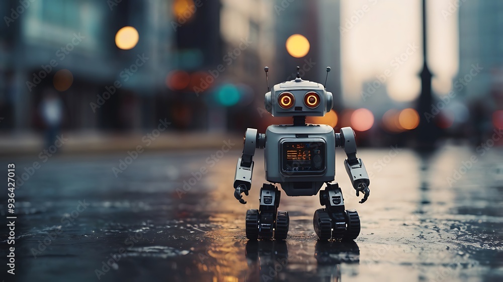 A cute little modern robot on city roads, future High-Tech robot A cute little modern robot on city roads, future High-Tech robot