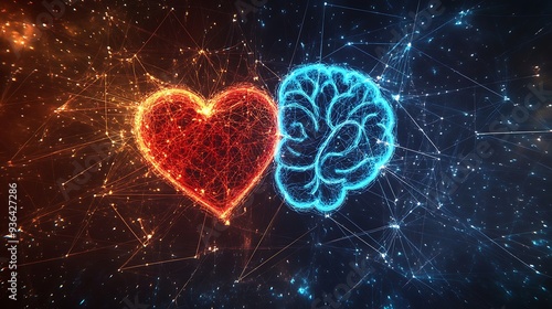 Abstract illustration of a glowing heart and brain connected by a network of lines