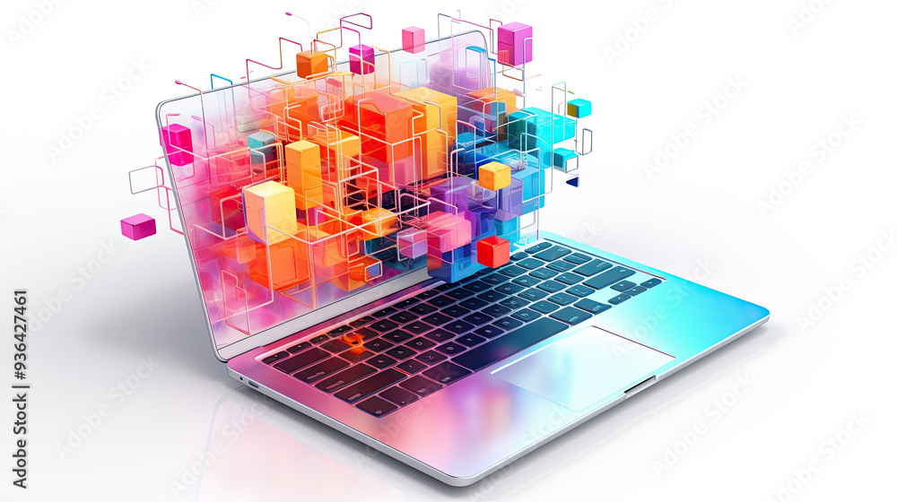 Fototapeta premium Colorful abstract design emerging from laptop screen on white background