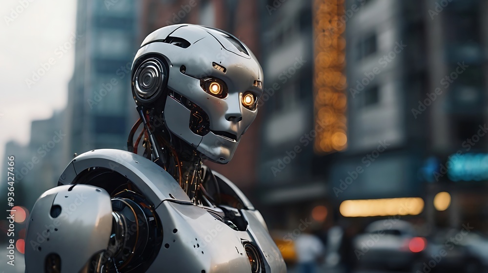 Close up image of future robot with Blur High-Tech Future city background Close up image of future robot with Blur High-Tech Future city background