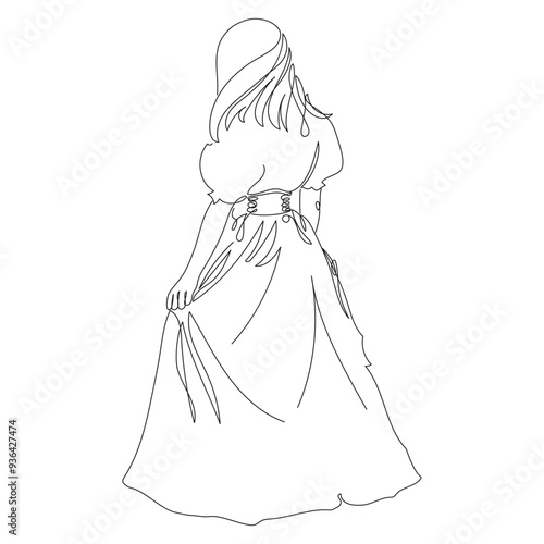 Minimalist line image of a girl in a fluffy dress. Girl Princess in a beautiful dress line art. Woman standing with her back. One line drawing. Outline vector illustration for coloring book.