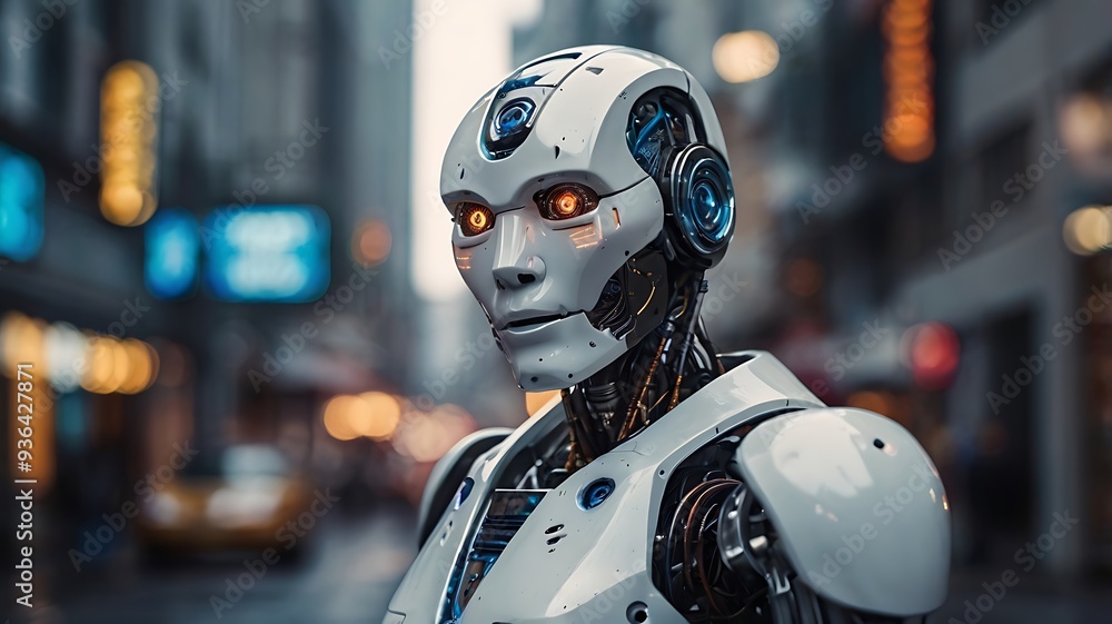 Close up image of future robot with Blur High-Tech Future city background Close up image of future robot with Blur High-Tech Future city background