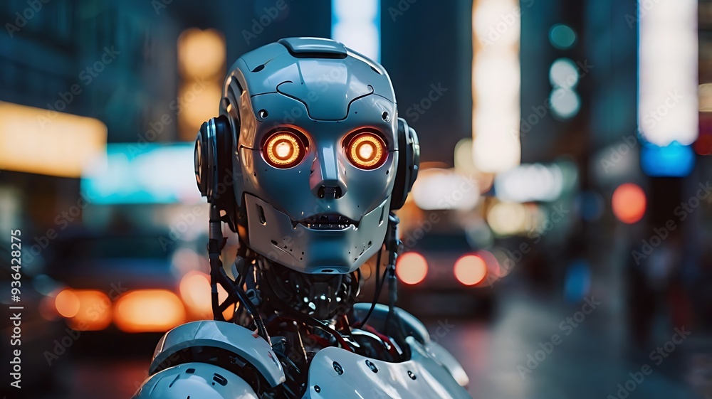 Close up image of future robot with Blur High-Tech Future city background Close up image of future robot with Blur High-Tech Future city background