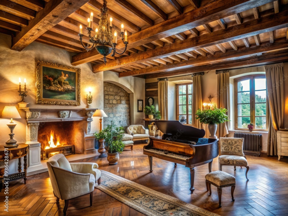 Cozy traditional castle interior features a white fireplace, vintage piano, and wooden beams on ceiling, exuding a warm and inviting atmosphere with eclectic decor. Cozy traditional castle interior features a white fireplace, vintage piano, and wooden beams on ceiling, exuding a warm and inviting atmosphere with eclectic decor.