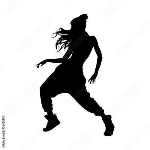 Vector illustration. Girl hip-hop dancer. Black silhouette on a white background.
