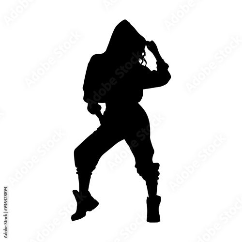 Vector illustration. Girl hip-hop dancer. Black silhouette on a white background.