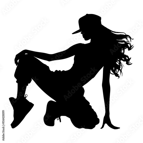 Vector illustration. Girl hip-hop dancer. Black silhouette on a white background.