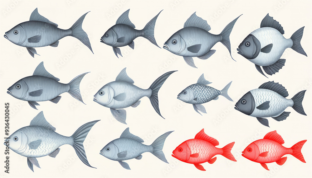 Illustrative and colorful depiction of fishes of different kind in color and shape in a drawn appearing style Illustrative and colorful depiction of fishes of different kind in color and shape in a drawn appearing style