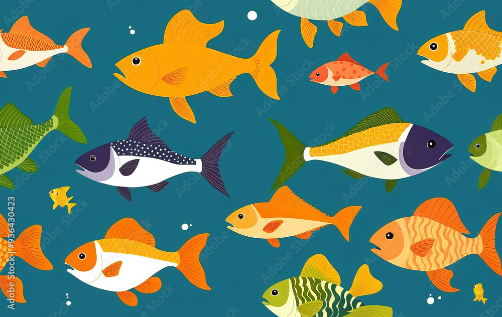 Naklejka premium Illustrative and colorful depiction of fishes of different kind in color and shape in a drawn appearing style