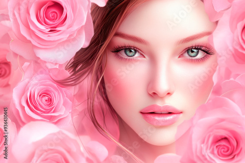 Beautiful romantic young woman in a wreath of flowers posing on a background of roses. Inspiration of spring and summer. Perfume, cosmetics concept.