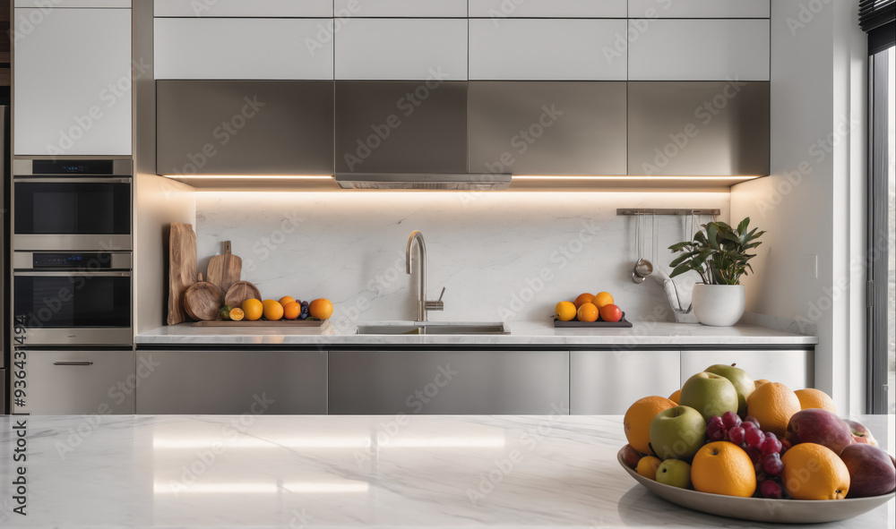 A modern kitchen with white countertops and stainless steel appliances A modern kitchen with white countertops and stainless steel appliances