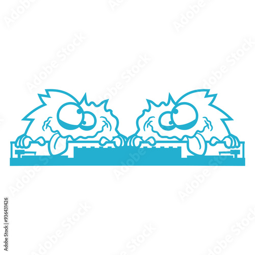 2 Hairy Happy Crazy Weird Party Monsters Two Friends Music DJ Mixing Console Headphone Night Dancing Clubber Raver Comic Humor Cartoon Cool Sound Disco Club Festival Band Concert Techno Discothek Love