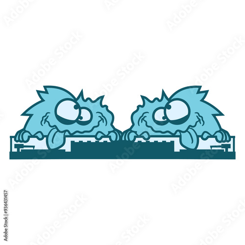 2 Hairy Happy Crazy Weird Party Monsters Two Friends Music DJ Mixing Console Headphone Night Dancing Clubber Raver Comic Humor Cartoon Cool Sound Disco Club Festival Band Concert Techno Discothek Love