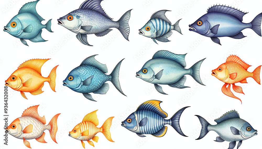 Fototapeta premium Illustrative and colorful depiction of fishes of different kind in color and shape in a drawn appearing style