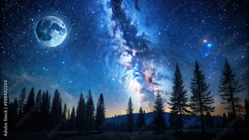 Naklejka premium Dark blue night sky filled with millions of twinkling stars, moon casting a gentle glow, and silhouette of trees standing tall in the foreground.