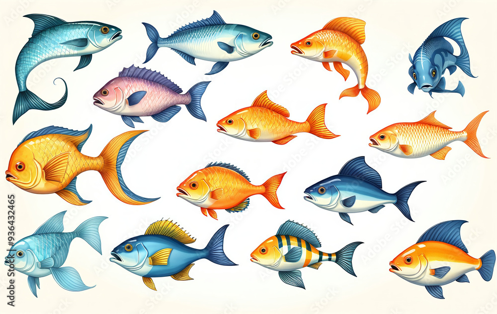 Naklejka premium Illustrative and colorful depiction of fishes of different kind in color and shape in a drawn appearing style