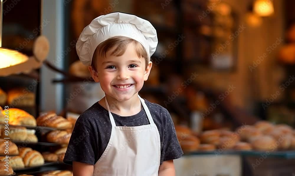 Cheerful little boy in chef hat smiling at camera while standing in bakery Cheerful little boy in chef hat smiling at camera while standing in bakery