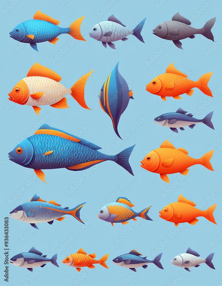 Naklejka premium Illustrative and colorful depiction of fishes of different kind in color and shape in a drawn appearing style