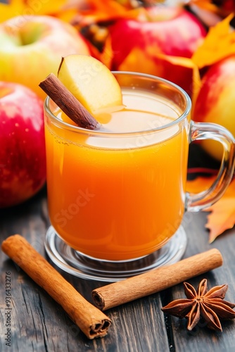 ustic autumn table setting with a glass mug of hot apple cider, garnished with a cinnamon stick and star anise photo