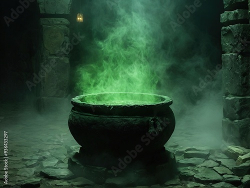 A cauldron with green smoke rising inside an old stone room, lit by a single lantern.