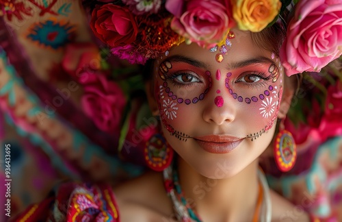 A young girl with detailed skeleton makeup for Mexico's Day of the Dead (El Dia de Muertos).