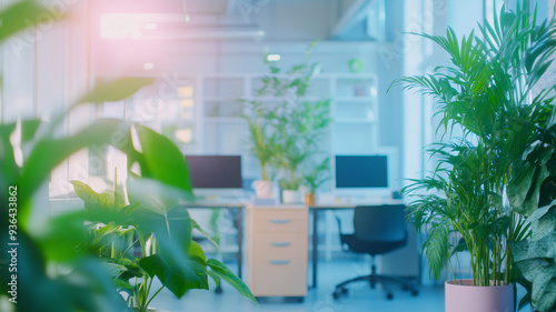 Wallpaper Mural Soft focus abstract image of a modern office with lush green plants and bright natural light for a welcoming, refreshing workspace Torontodigital.ca