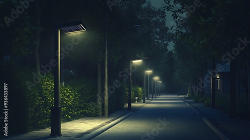 Nighttime Pathway Illuminated by Streetlights in a Forested Area