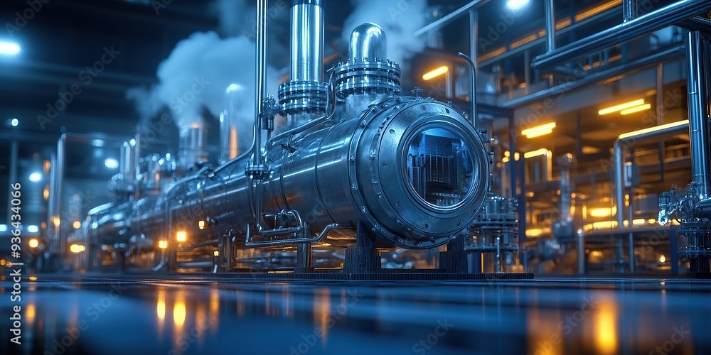 Dimly Lit Industrial Plant at Night with Soft Blue Tones Dimly Lit Industrial Plant at Night with Soft Blue Tones