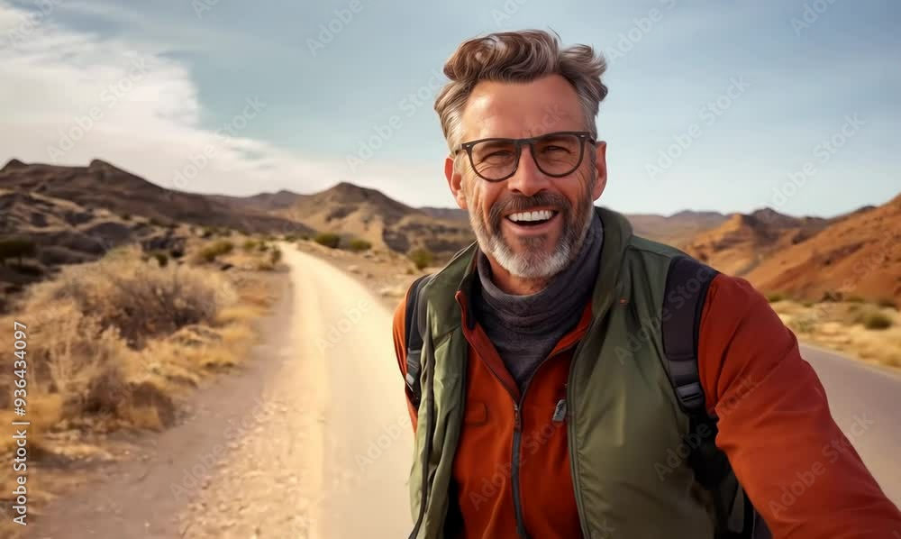 Portrait of smiling mature man with backpack standing on road in the countryside Portrait of smiling mature man with backpack standing on road in the countryside