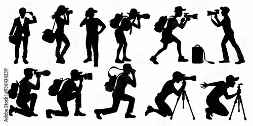 photographer different pose black Silhouettes vector set