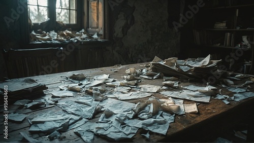 A cluttered wooden table in an abandoned room, covered in piles of paper, with a window in the background. The room is dimly lit and dusty, suggesting a sense of neglect and time passing.