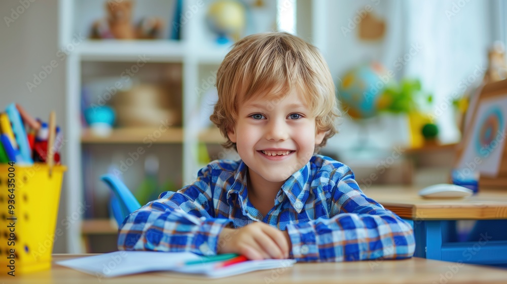 cute schoolboy sitting at the desk, smiling, looking at the camera during the lesson cute schoolboy sitting at the desk, smiling, looking at the camera during the lesson