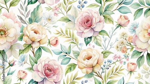 Delicate, dreamy watercolor florals in soft pastel hues dance across a creamy white background, evoking a sense of gentle elegance and serene sophistication.