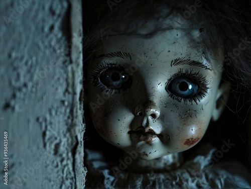 A creepy porcelain doll with large blue eyes and a distressed face peeks out from behind a weathered wall.