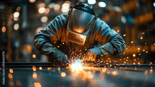 Skilled Welder Working Amidst Bright Sparks and Flames in Industrial Factory Setting