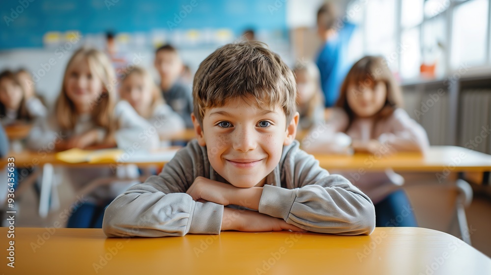 cute schoolboy sitting at the desk, smiling, looking at the camera during the lesson cute schoolboy sitting at the desk, smiling, looking at the camera during the lesson