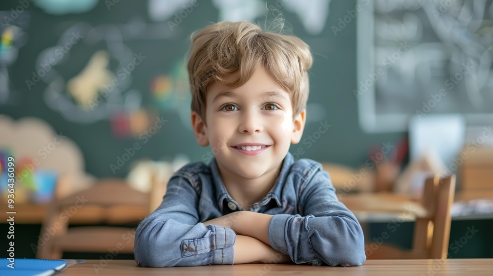 cute schoolboy sitting at the desk, smiling, looking at the camera during the lesson cute schoolboy sitting at the desk, smiling, looking at the camera during the lesson