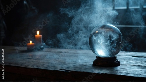 A crystal ball sits on a wooden table with smoke rising from it, lit by two candles in the background.