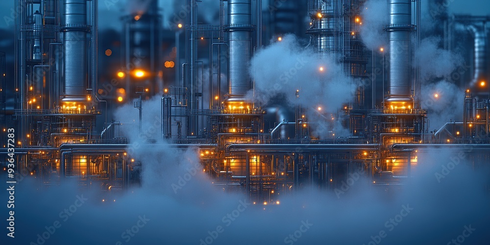 Fototapeta premium Industrial Refinery at Night with Steaming Towers